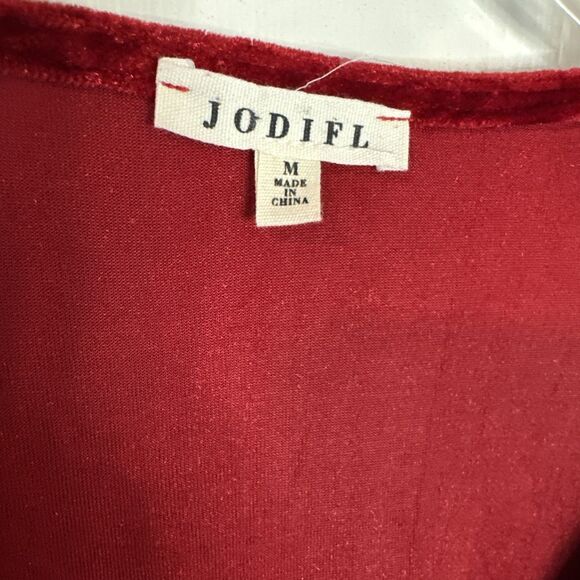 Jodifl Red Crushed Velvet‎ Vneck Puff Sleeve Shirt Sz Medium - Picture 3 of 7